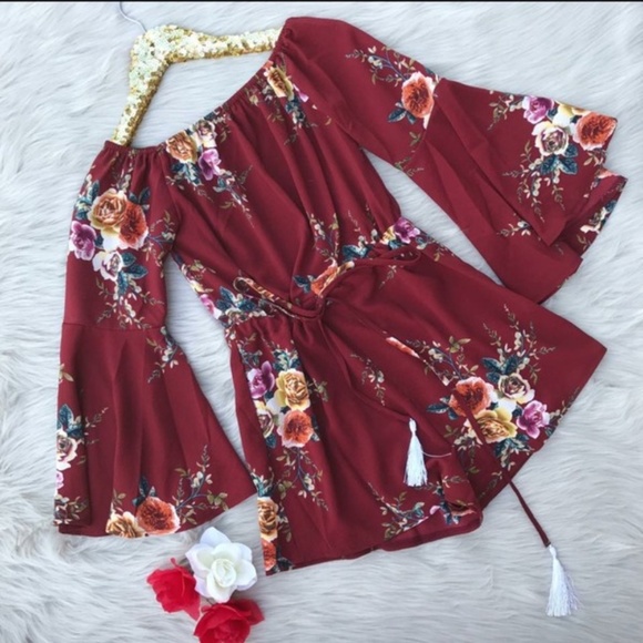 Pants - Floral Romper in Burgundy